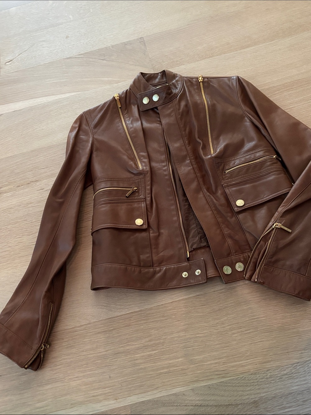Ralph Lauren Brown Leather Moto Jacket with Gold Hardware size 4 black label